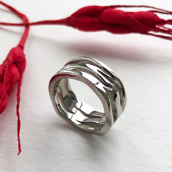 Wide chunky ring 925 sterling silver, multi layer ring - Picture 11 of 12